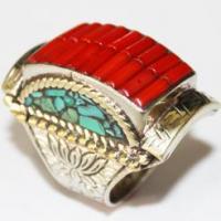 Baf 049 bague chevaliere afghane medievale afghanistan argent corail turquoise 1 