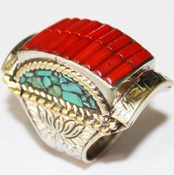 Baf 049 bague chevaliere afghane medievale afghanistan argent corail turquoise 1