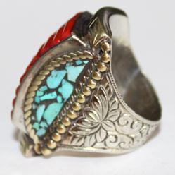 Baf 049 bague chevaliere afghane medievale afghanistan argent corail turquoise 1 