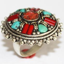 Baf 055 bague afghane argent ethnique corail turquoise 1