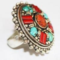 Baf 055 bague afghane argent ethnique corail turquoise 3 