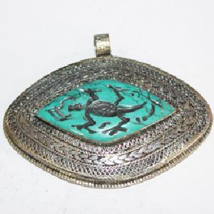Baf 061 pendentif pendant afghan afghanistan tibet tibetain intaille turquoise crocodile argent 1 