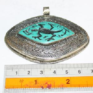 Baf 061 pendentif pendant afghan afghanistan tibet tibetain intaille turquoise crocodile argent 6 