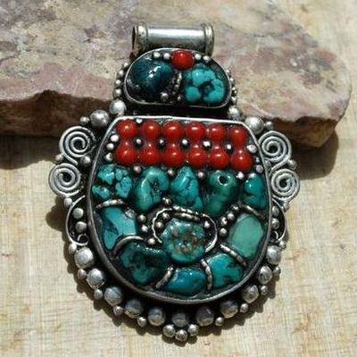 Baf 126 pendentif pendant afghan afghanistan 60mm corail turquoisei argent ethnique 1 