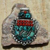 Baf 126 pendentif pendant afghan afghanistan 60mm corail turquoisei argent ethnique 2 