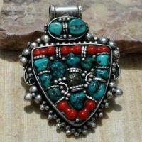 Baf 129 pendentif pendant afghan afghanistan 60mm corail turquoisei argent ethnique 2 