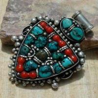 Baf 129 pendentif pendant afghan afghanistan 60mm corail turquoisei argent ethnique 3 