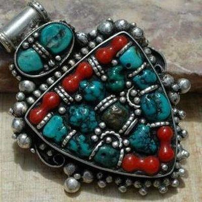 Baf 129 pendentif pendant afghan afghanistan 60mm corail turquoisei argent ethnique 4