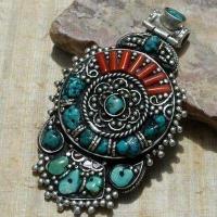 Baf 135 pendentif pendant afghan afghanistan 70mm corail turquoisei argent ethnique 2 