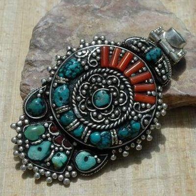 Baf 135 pendentif pendant afghan afghanistan 70mm corail turquoisei argent ethnique 3