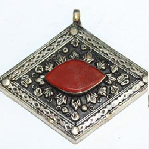 Baf 156 pendentif pendant afghan afghanistan tibet cornaline 60x75mm argent ethnique 1 