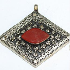 Baf 156 pendentif pendant afghan afghanistan tibet cornaline 60x75mm argent ethnique 1