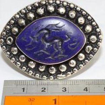 Baf 224 bague sceau t58 48gr afghane afghanistan argent lapis lazuli ethnique intaille cheval 2 