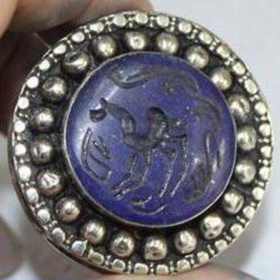 Baf 226 bague sceau t59 49gr afghane afghanistan argent lapis lazuli ethnique intaille cheval 2