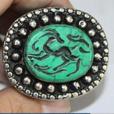 Baf 239 bague sceau t58 44gr afghane afghanistan argent turquoise intaille antilope 3
