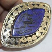 Baf 421 bague sceau t62 37gr afghane afghanistan argent lapis lazuli ethnique intaille gazelle 1