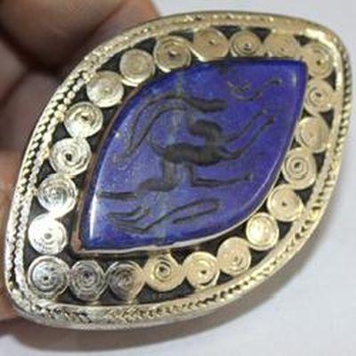 Baf 421 bague sceau t62 37gr afghane afghanistan argent lapis lazuli ethnique intaille gazelle 1