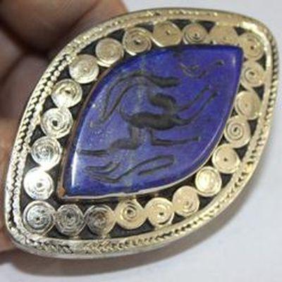 Baf 421 bague sceau t62 37gr afghane afghanistan argent lapis lazuli ethnique intaille gazelle 3 