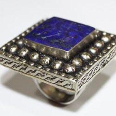 Baf 424 bague sceau t60 48gr afghane afghanistan argent lapis lazuli ethnique intaille zebu 1 