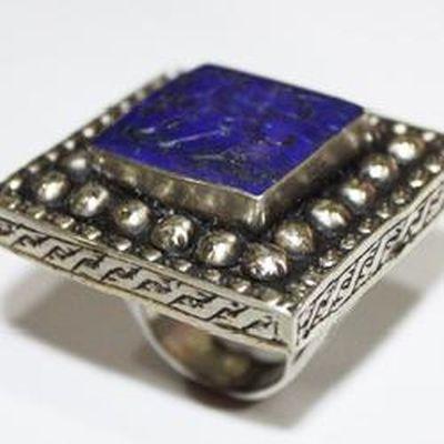 Baf 424 bague sceau t60 48gr afghane afghanistan argent lapis lazuli ethnique intaille zebu 1