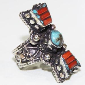 Baf 467 bague chevaliere tibetaine nepal afghan afghanistan corail turquoise 23gr 1