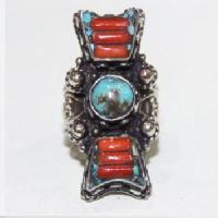 Baf 467 bague chevaliere tibetaine nepal afghan afghanistan corail turquoise 23gr 2 