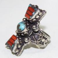 Baf 467 bague chevaliere tibetaine nepal afghan afghanistan corail turquoise 23gr 3 