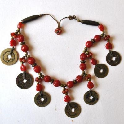 Bas 001 collier asiatique 42cm 82gr 7xpieces bronze chine ancienne 25mm perles ethnique 1 