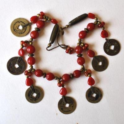 Bas 001 collier asiatique 42cm 82gr 7xpieces bronze chine ancienne 25mm perles ethnique 1 