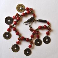 Bas 001 collier asiatique 42cm 82gr 7xpieces bronze chine ancienne 25mm perles ethnique 5 