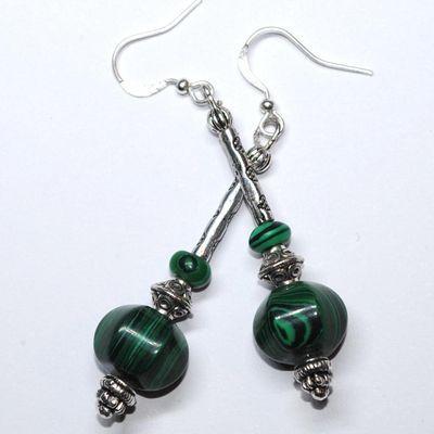 Bcl 076c boucles oreilles malachite 60mm 9gr argent