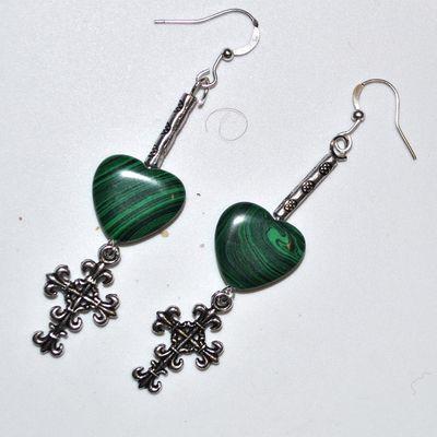 Bcl 082a boucles pendants oreilles malachite croix coeur 70mm 15x15mm 7gr