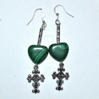 Bcl 082b boucles pendants oreilles malachite croix coeur 70mm 15x15mm 7gr