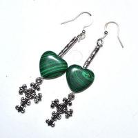 Bcl 082c boucles pendants oreilles malachite croix coeur 70mm 15x15mm 7gr