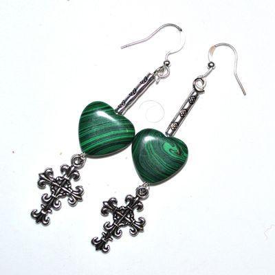 Bcl 082a boucles pendants oreilles malachite croix coeur 70mm 15x15mm 7gr