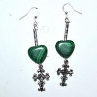 Bcl 082d boucles pendants oreilles malachite croix coeur 70mm 15x15mm 7gr