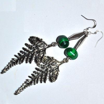 Bcl 083b bouc3les pendants oreilles malachite feuille 100mm 10x12mm 18gr