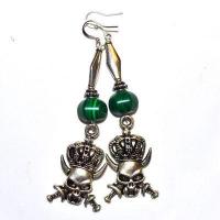 Bcl 086b boucles pendants oreilles malachite tete de mort 100mm 18gr argent