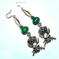 Bcl 086c boucles pendants oreilles malachite tete de mort 100mm 18gr argent