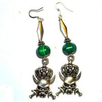 Bcl 086d boucles pendants oreilles malachite tete de mort 100mm 18gr argent