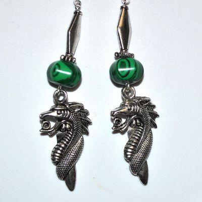 Bcl 088a boucles pendants 90mm oreilles malachite 10x12mm dragon argent