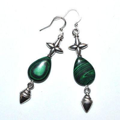 Bcl 089c boucles oreilles malachite 60mm 9gr argent