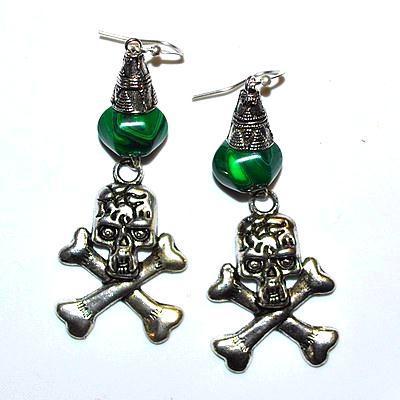 Bcl 092d boucles oreilles malachite tete de mort 80mm argent