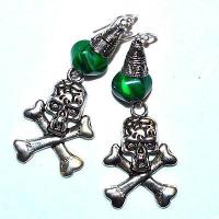 Bcl 092c boucles oreilles malachite tete de mort 80mm argent