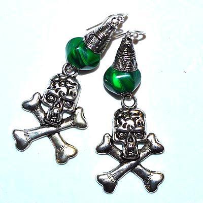 Bcl 092c boucles oreilles malachite tete de mort 80mm argent