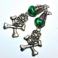 Bcl 092d boucles oreilles malachite tete de mort 80mm argent