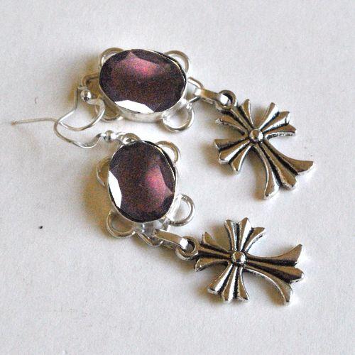 Bcl 096 boucles oreilles croix amethyste 60mm 10gr argent925 1