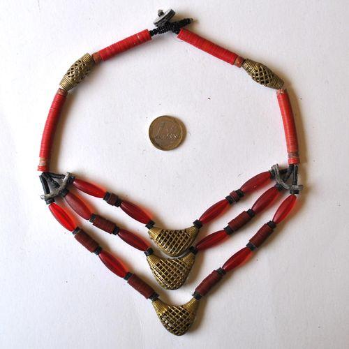 Bja 007 collier parure africaine ethnique perles pate verre perles bronze 78gr 1 