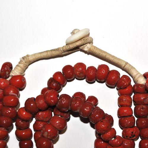 Bja 021 collier africain 65cm 253gr 3rangs perles pate verre corail afrique ethniques 8x10mm 7 