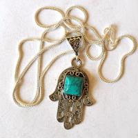 Bjb 001 pendentif pendant chaine hamsa fatima 40mm turquoise argent 2 